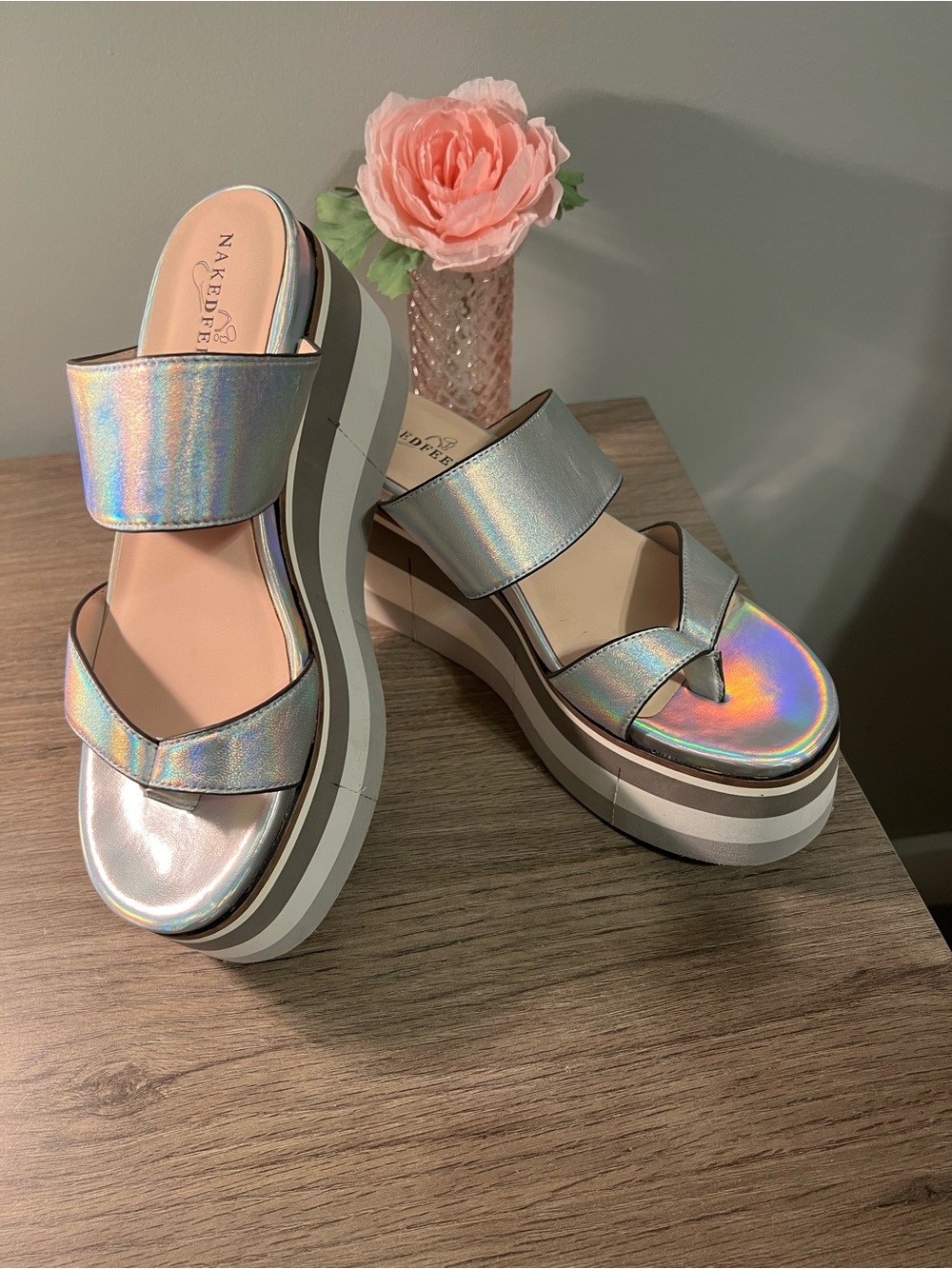 Naked Feet Iridescent Holographic Platform Slide Sandals - Silver